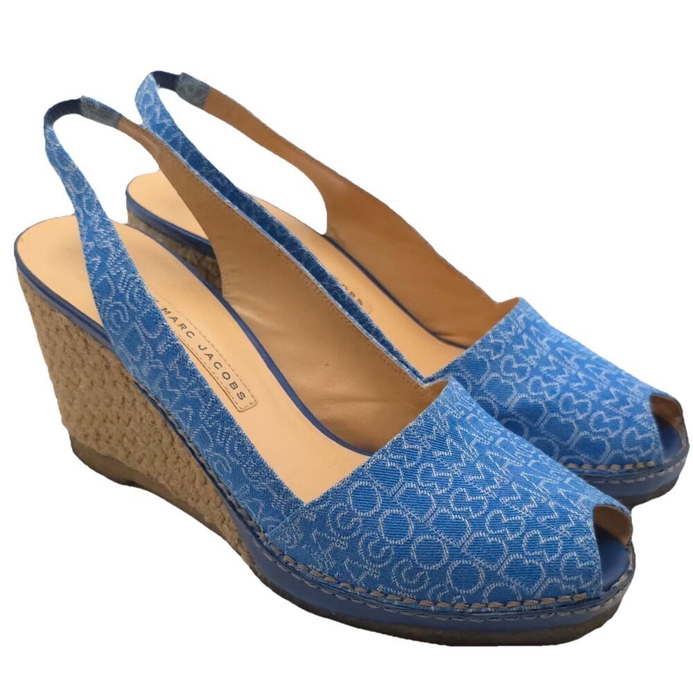 MARC JACOBS Size 39 US 8.5 Blue Fabric Straw Wedge Slingback Heels Shoes Logo